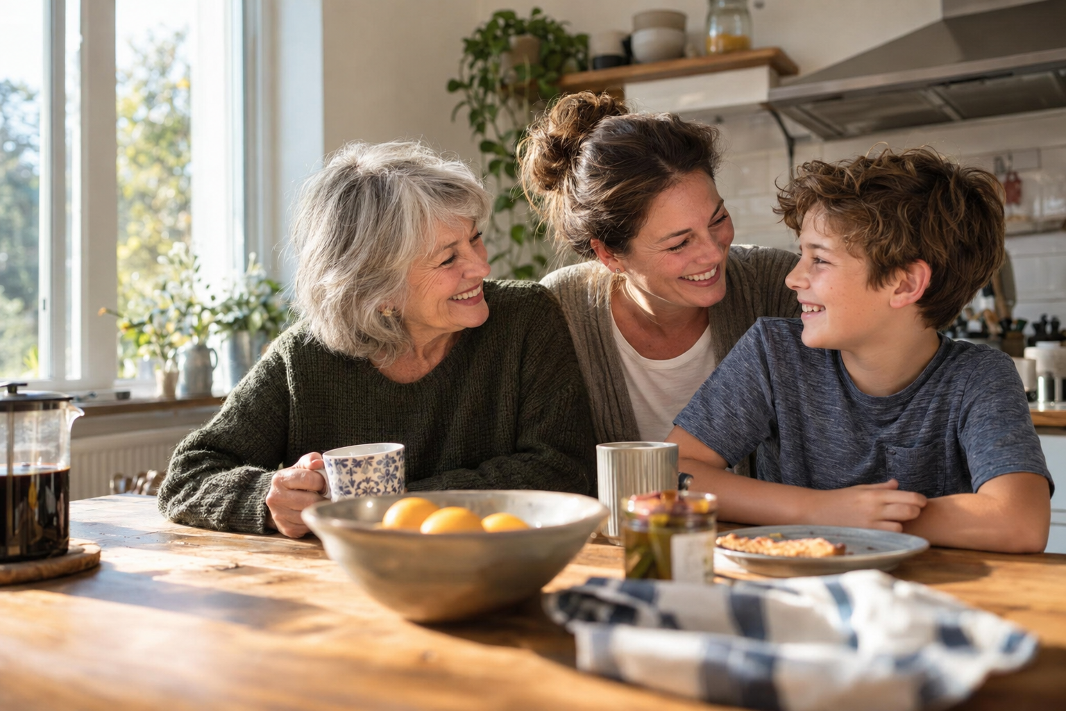 Three generations enjoying a relaxed moment together at the kitchen table